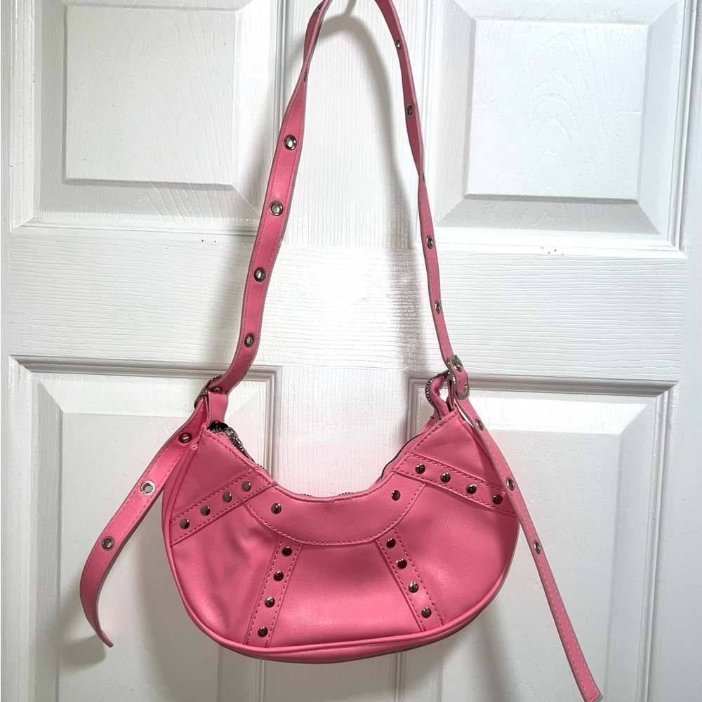Pink Studded Shoulder Bag Small Crescent Moon Bag Trendy Y2K Style - Picture 2 of 4